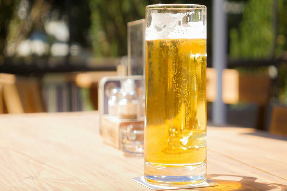 Organic beer bottles with fresh hops on rustic wooden table
